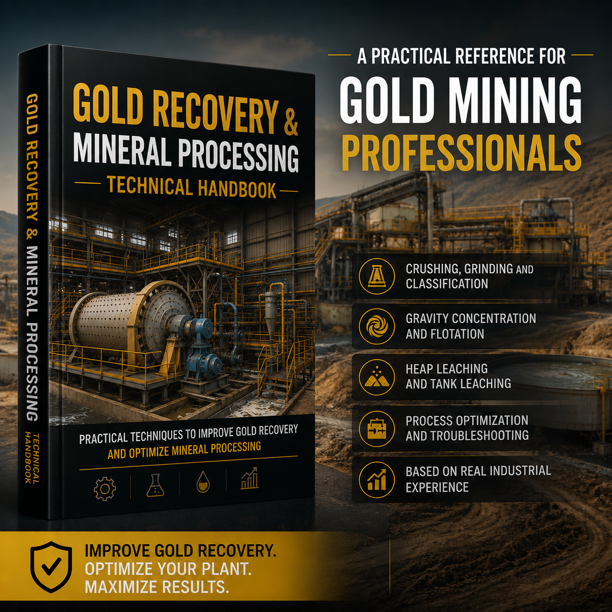 Gold processing plant — ball mill, hydrocyclone, shaking table and leach tanks