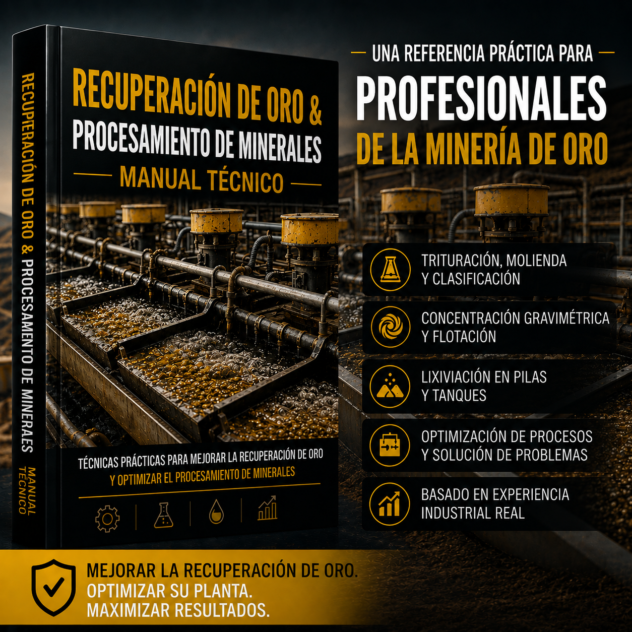Planta de procesamiento de oro: molino, hidrociclón, mesa vibratoria y tanques de lixiviación